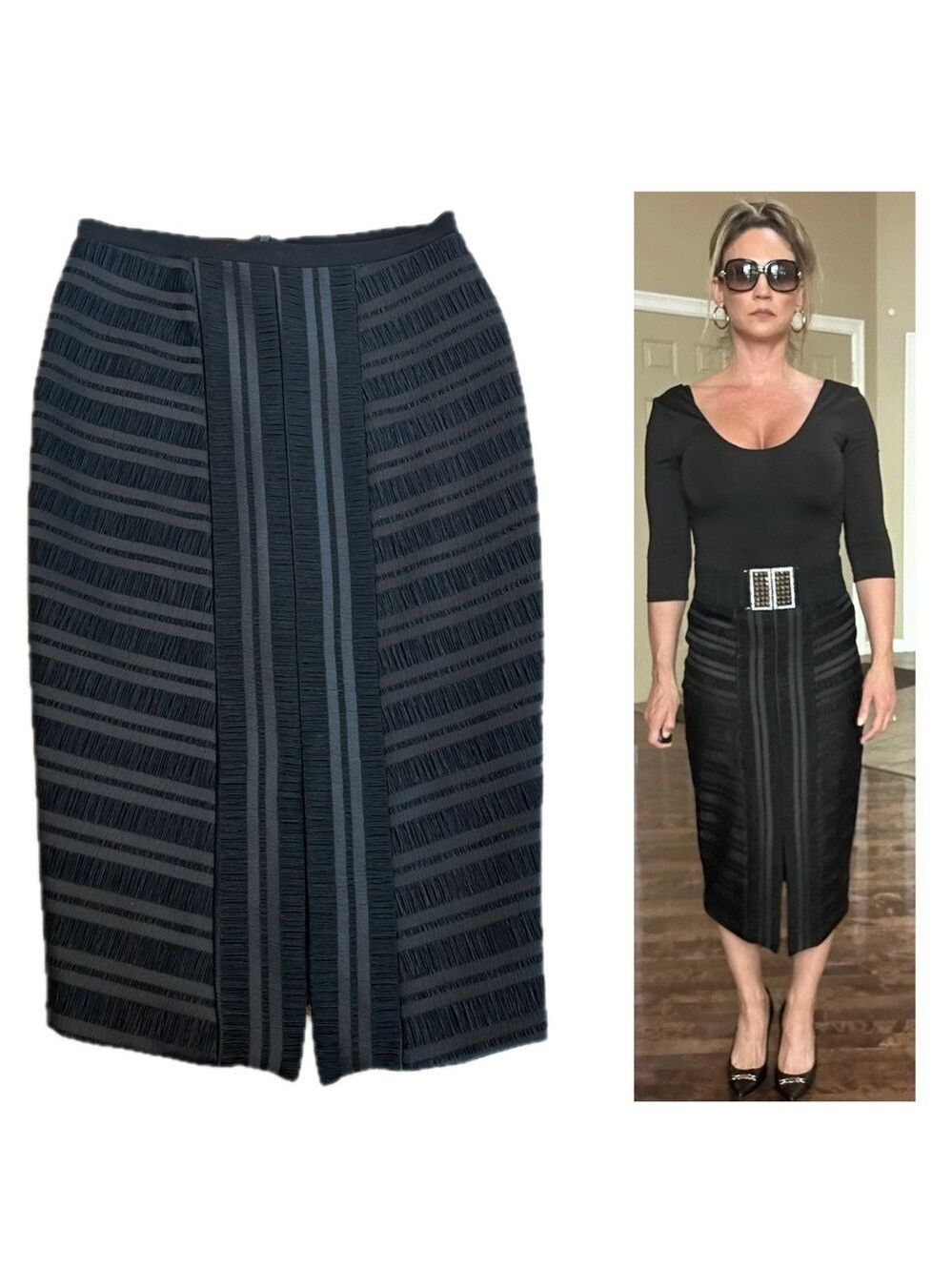 Frank Lyman black textured satin fringe pencil midi skirt Sz 8 classy elegant
